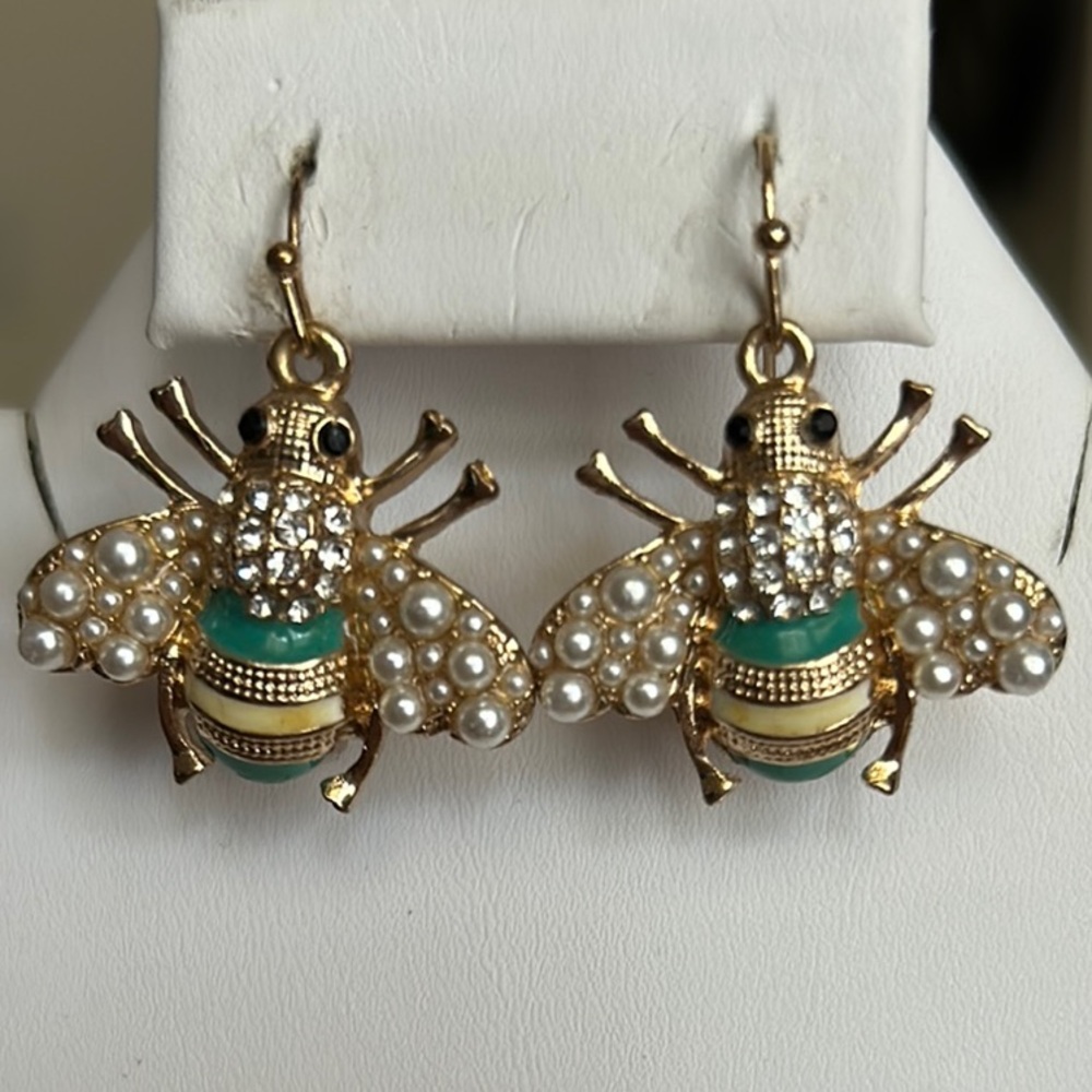Gold, Enamel, Crystal & Faux Pearl Bee Earrings